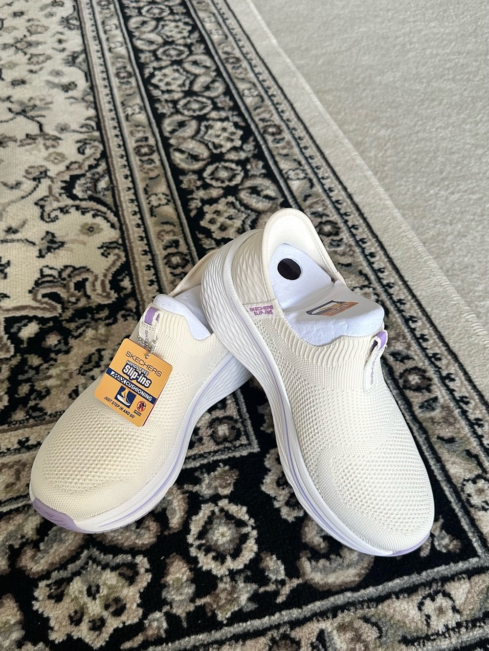 Skechers Women's Slip-On Knit Sneakers in Cream with Lavender Accents